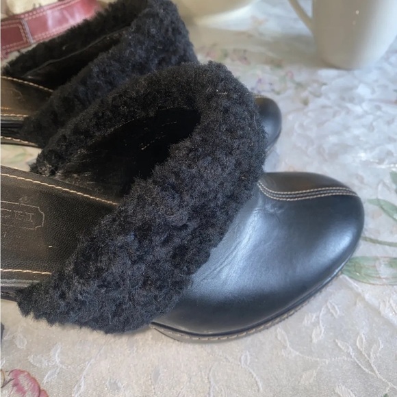 Coach Slip On Kacie mules black leather shearling trim high heel size 8B - Picture 3 of 8